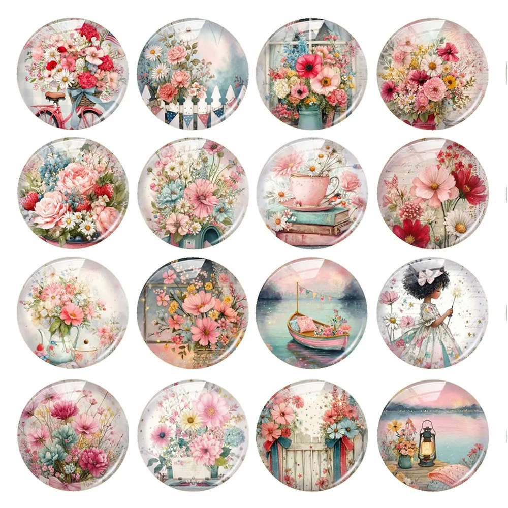 Random Mixed Round/Oval/Square Countryside Summer Floral USA Photo Glass Cabochon Flatback Demo Cameo For Diy Jewelry Making
