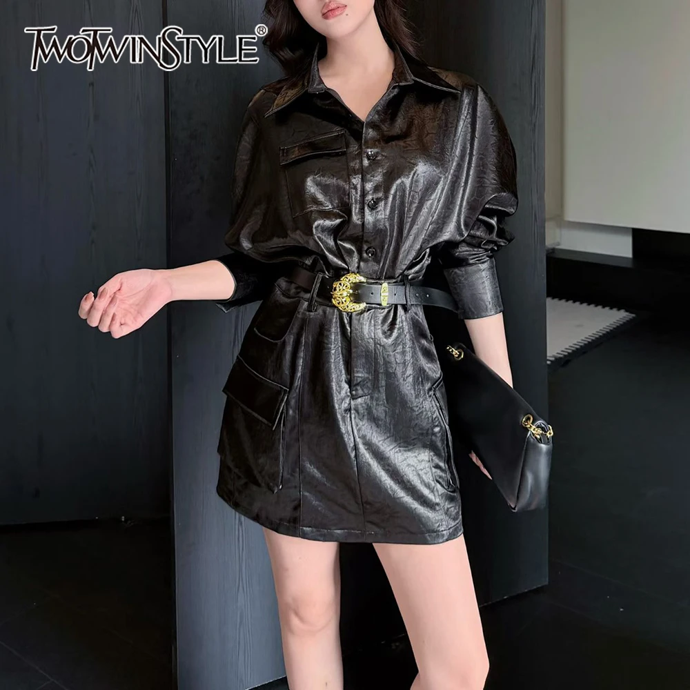 

Женское кожаное платье TWOTWINSTYLE с цельными вставками и карманами, модное, с отложным воротником, длинными рукавами, в стиле пэчворк, с поясом, элегантное