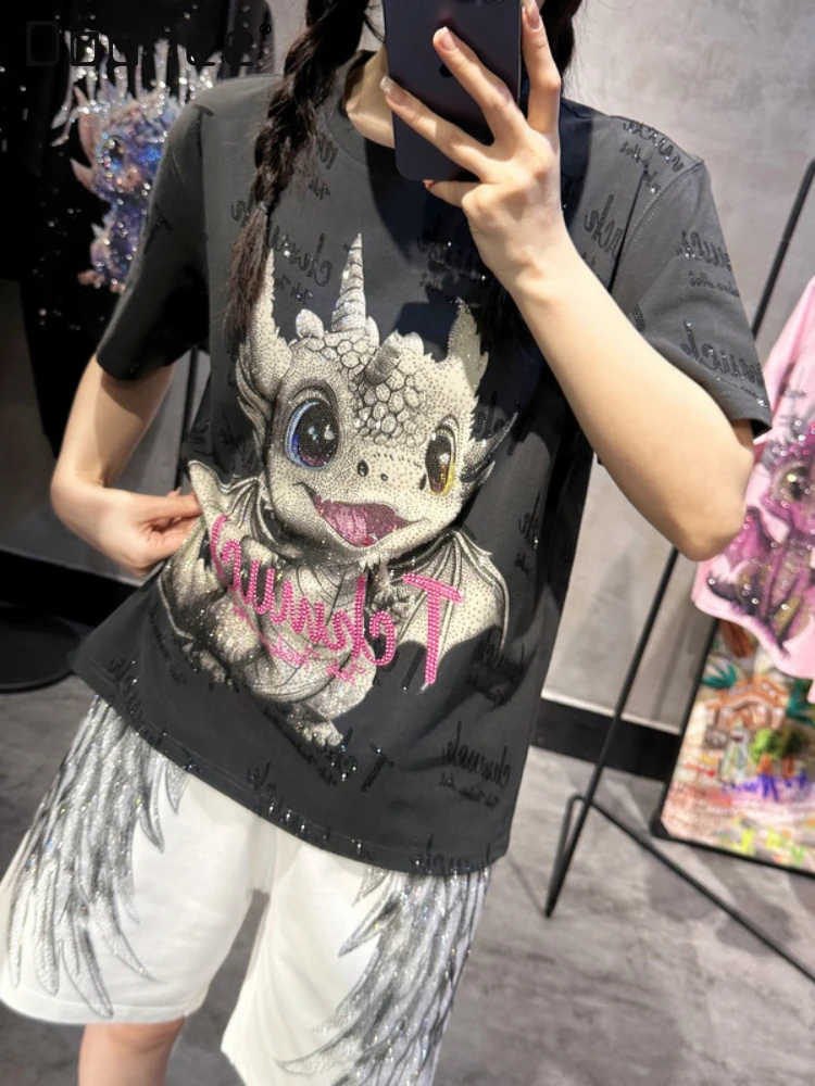 

Summer Fashion Brand Hot Rhinestone Smoky Gray Cartoon T-shirt Men and Women Full Diamond Letters Personalized Short-Sleeved Top