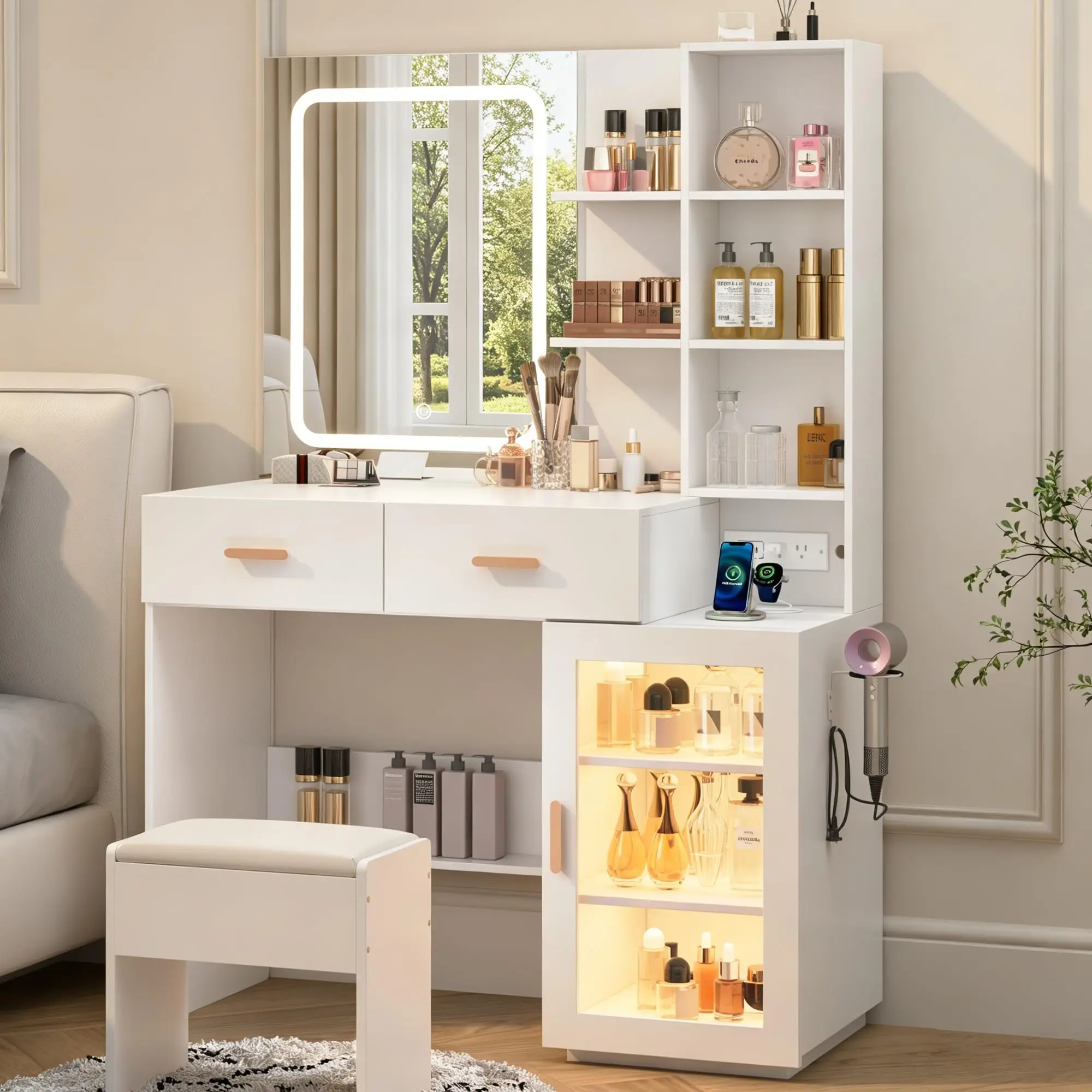 Orange Makeup Vanity Desk with LED Lighted Mirror