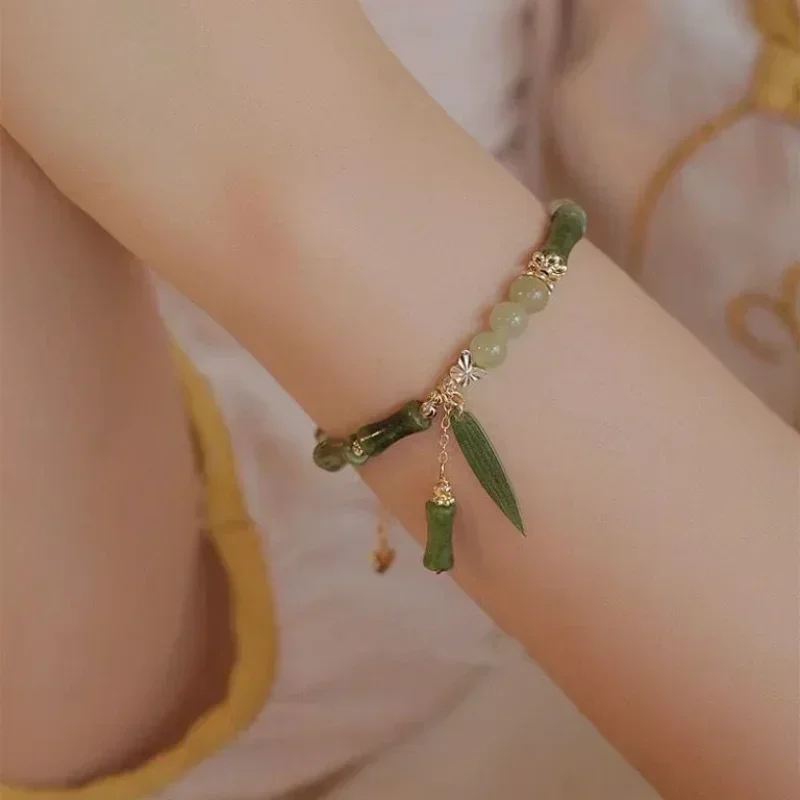 النمط الصيني الرجعية الأخضر الخيزران المشتركة مطرز سوار للنساء موضة بسيطة سحر سبيكة ليف سوار مجوهرات هدية #2