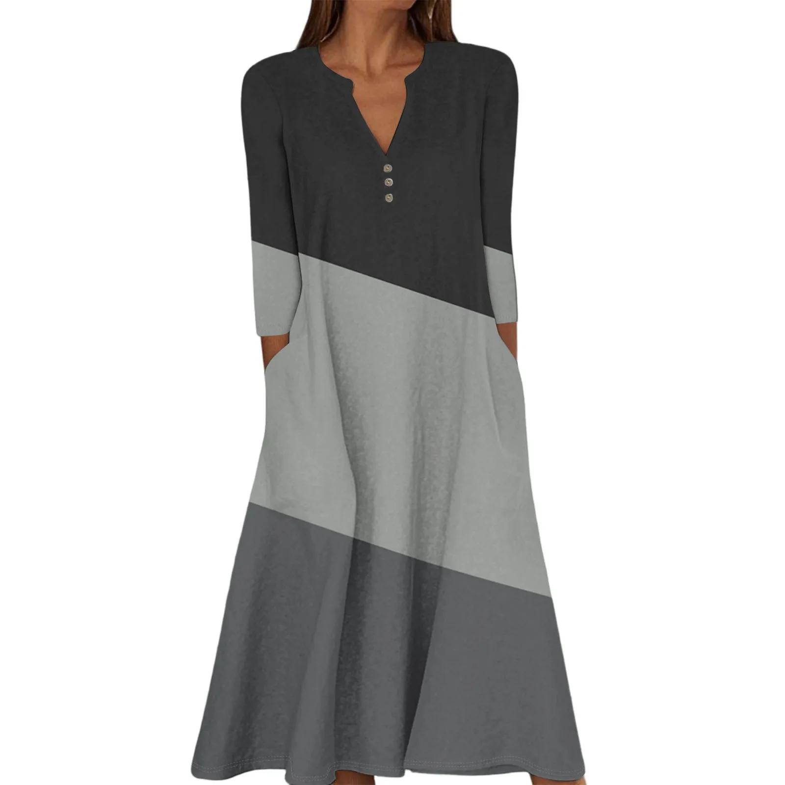 女性の夏のカジュアル V ネックボタンレトロ水玉プリント七分袖ロングドレスポケット付きエレガントな女性のドレス