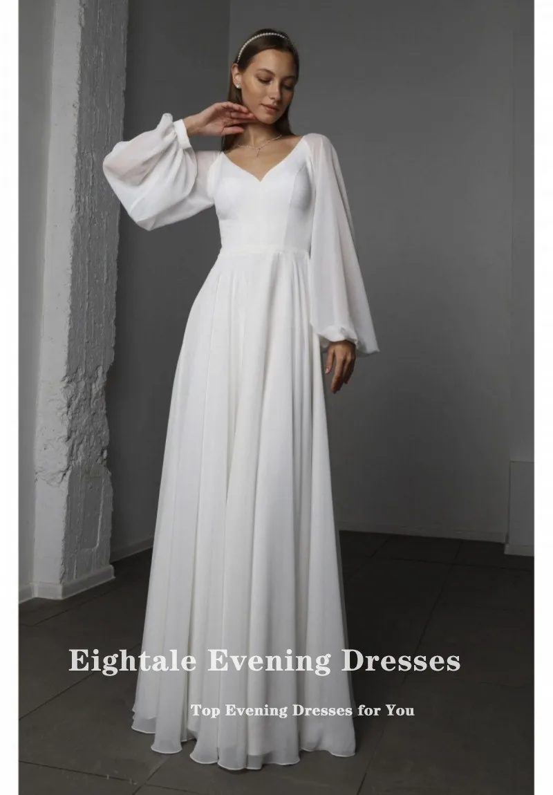 Eightale Arabic Wedding Dresses Customized V-Neck A-Line Long Sleeve Ivory Chiffon Beach Bridal Gown Vestidos De Novia