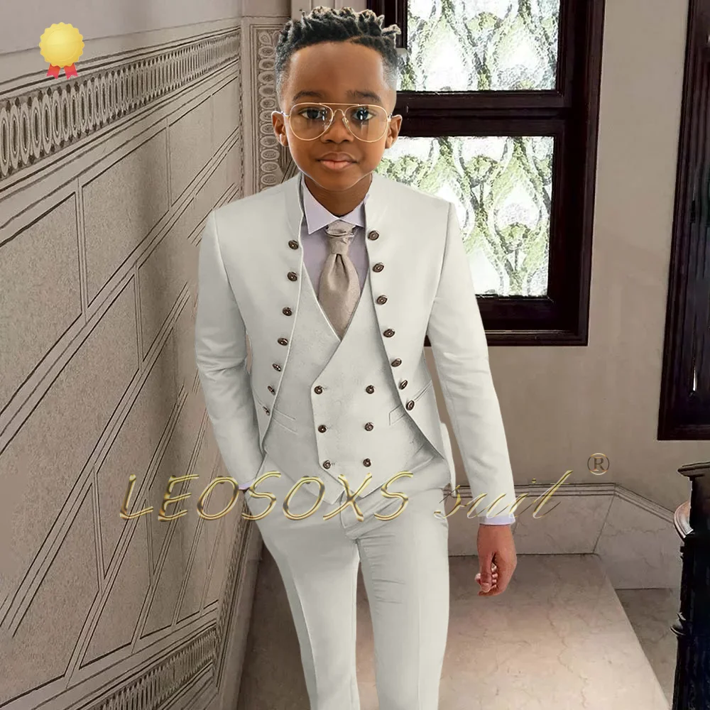 Stijlvol 3-delig pak voor jongens van 2-16 jaar, met een opstaande kraag in Britse stijl, geschikt voor verjaardagsfeestjes en bruiloften.