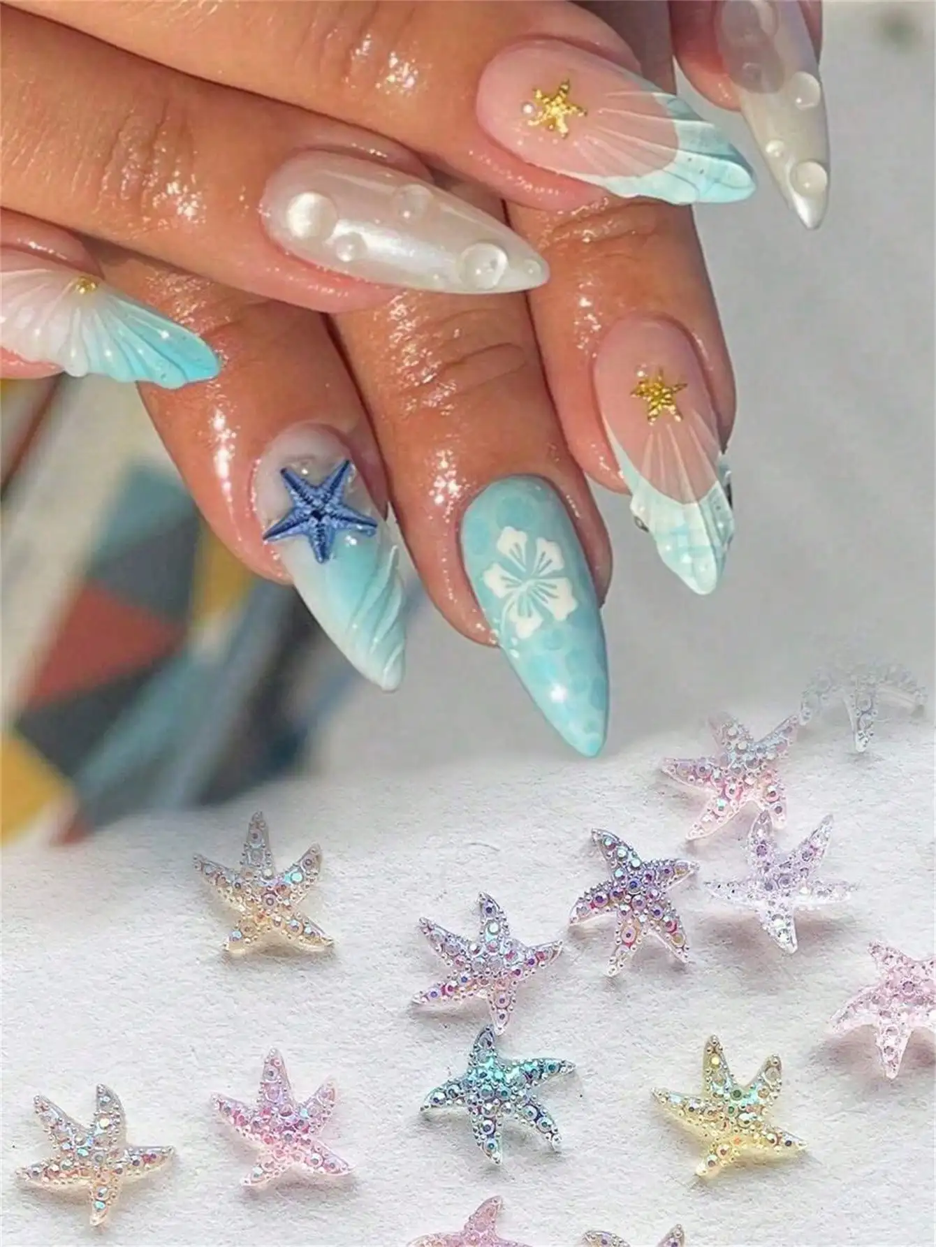 50pcs Summer Blue Ocean Elements Sea Star Shell 3D Nail Art Decoration, Random Color Crystal Carved Nail Jewelry, Face Decor