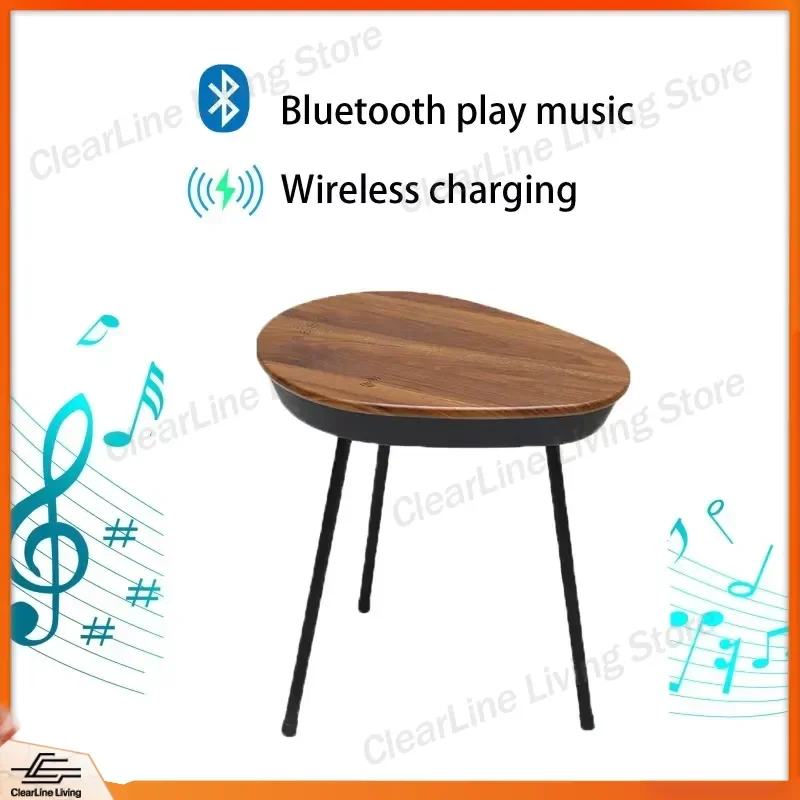 Modern Smart Wooden Side Table Coffee Table with USB Bluetooth Wireless Charging 15W 2.0 Stereo Speaker 4 Touch Control Keys