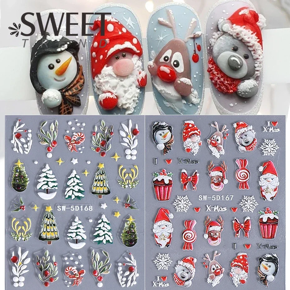 Christmas Nail Art Stickers 5D Embossed Santa Claus Xmas Tree Self-Adhesive Sliders Winter Decals New Year Manicure Decoration