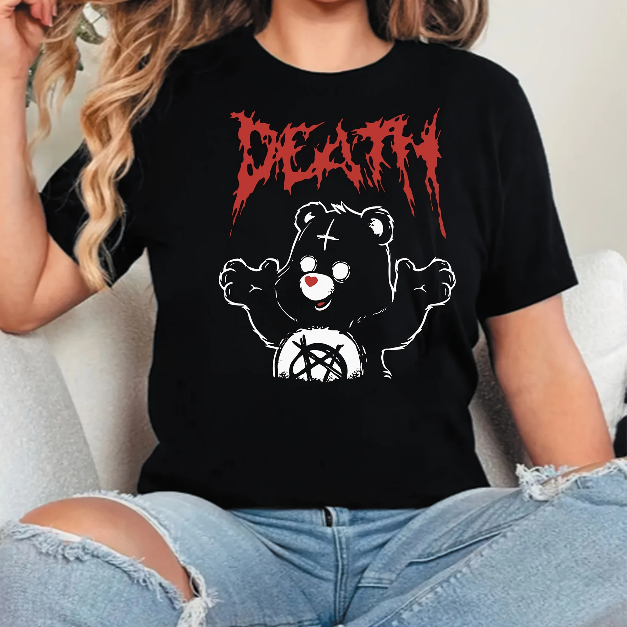 

Женская черная футболка с короткими рукавами больших размеров, «DEATH» и принтом Rebellious Bear, острый и крутой