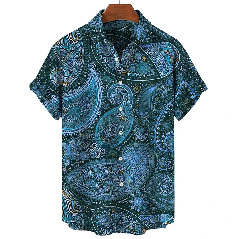 Hawaii Shirts For Men 3D Paisley Graphic Short-sleeved T-shirt Casual Lapel Buttons Male Tops Summer Oversized Personality Tees