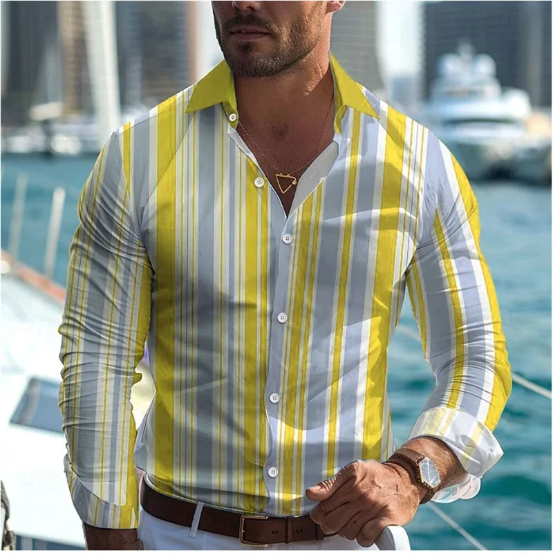 2025 Fashionable Casual Men's Line Printed Shirt Formal Spring Summer Lapel Long Sleeve 25 Colors XS-6XL Stretch Fabric Shirt