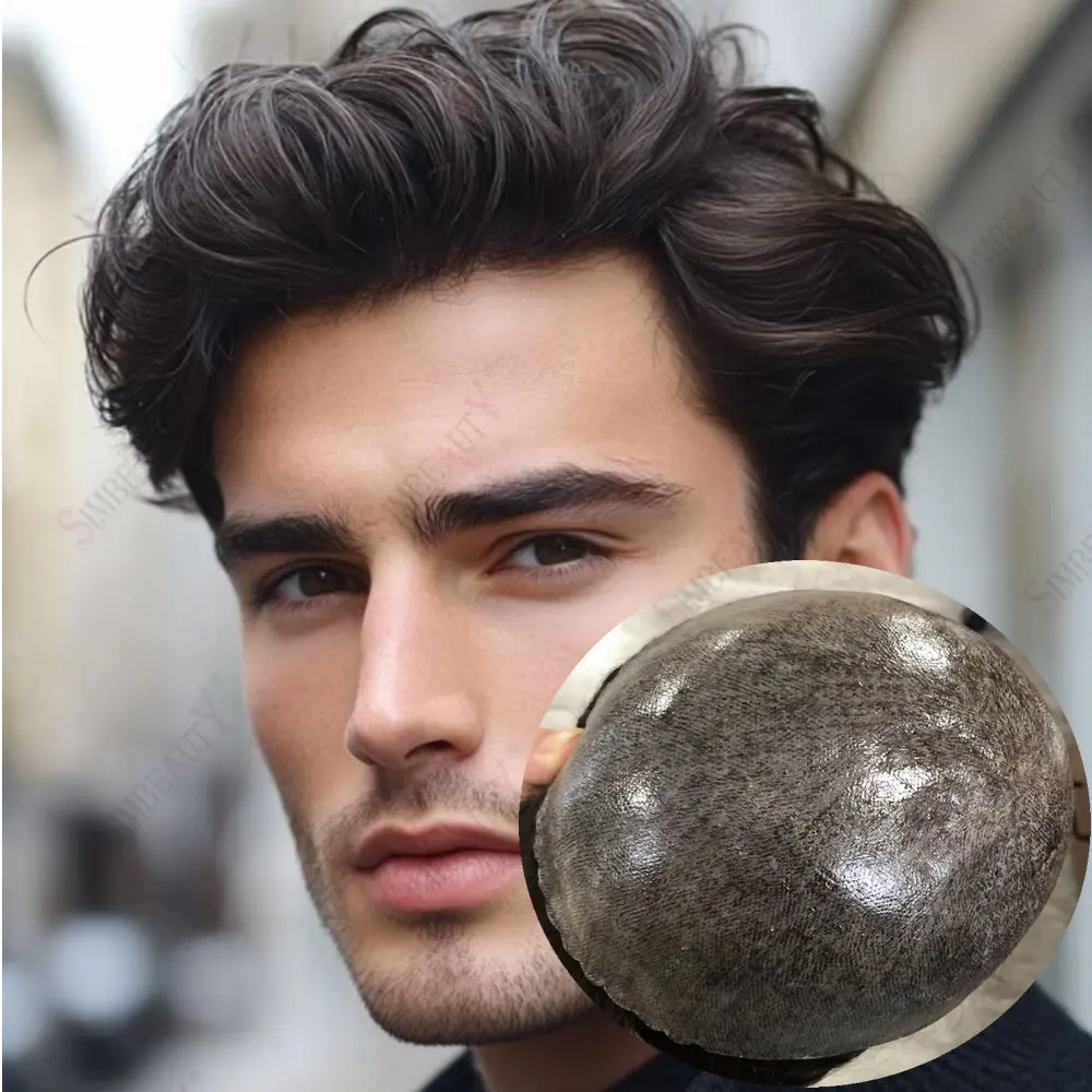 دائم 0.1 مللي متر بولي الجلد قاعدة الرجال الشعر المستعار الهندي الشعر البشري الرجال الشعرية الاصطناعية رمادي براون Male130% نظام استبدال الكثافة #1