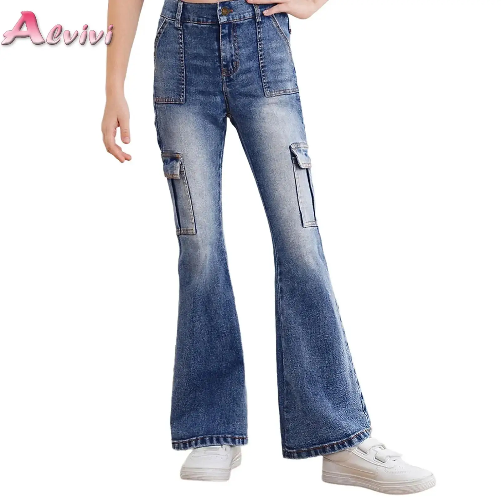 أطفال بنات البضائع الجينز سستة يطير مرونة الظهر الخصر جرس أسفل الدنيم السراويل المراهقين مدرسة بناطيل أطفال سراويل أنيقة 6 8 16