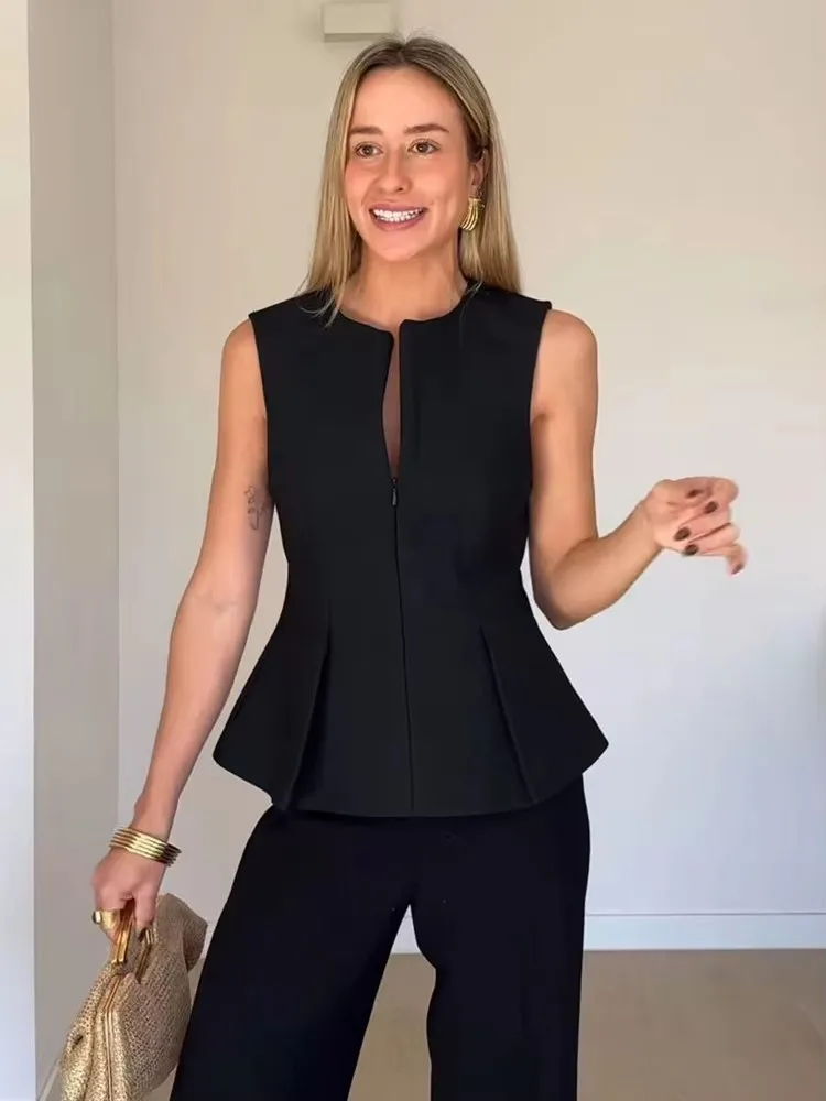 TFMLN, novedad de verano, moda para mujer, Tops con cremallera, camiseta sin mangas informal Vintage con cuello redondo, chaleco plisado ajustado, Top con pliegues de calle alta