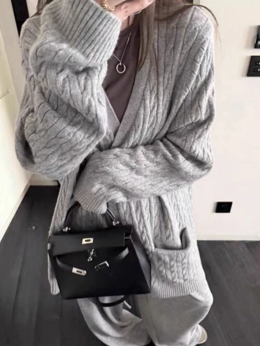 ルーズニットツイストセーターコート レディース 秋冬 ミディアム丈 Vネック ロングスリーブ ソフトで快適なカジュアルアウター