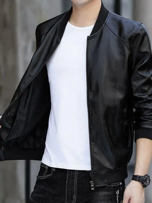 

Men's Fce Lined Leather Jaet Flight Biker Sle Casual Warm Slim Fit Autumn Winter Faion Ci Long Sve Double Sided...