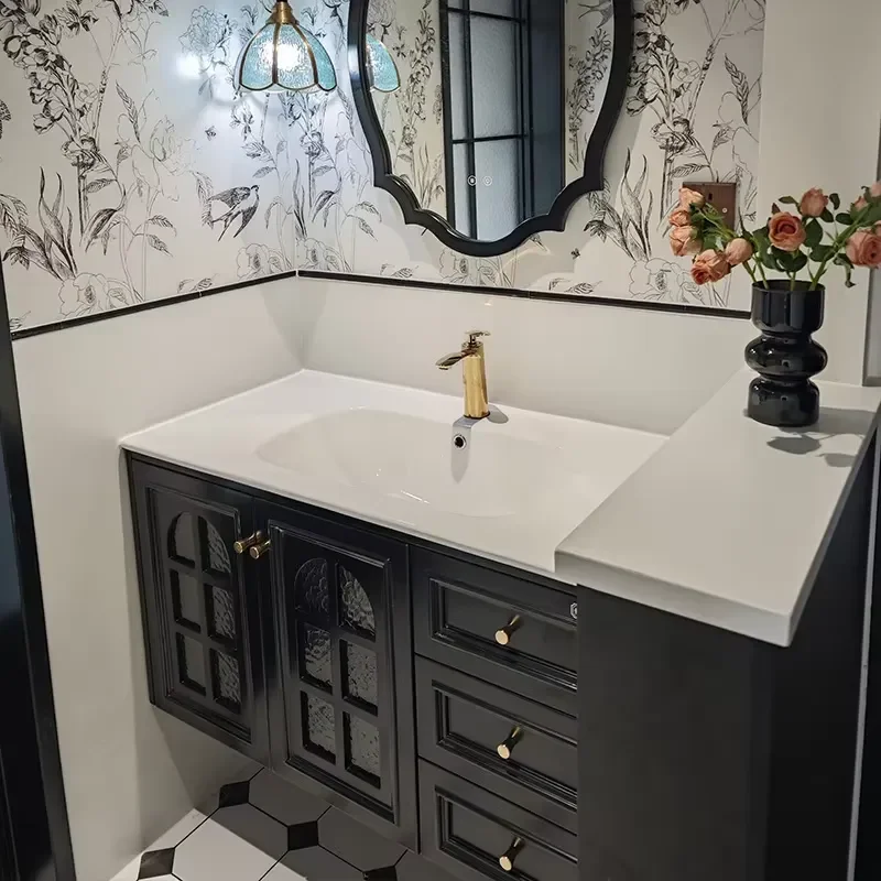 STLF Black Retro French Wall-Mounted Bathroom Cabinet Combination Rubber Wood Solid Baked Lacquer Washstand Intelligent