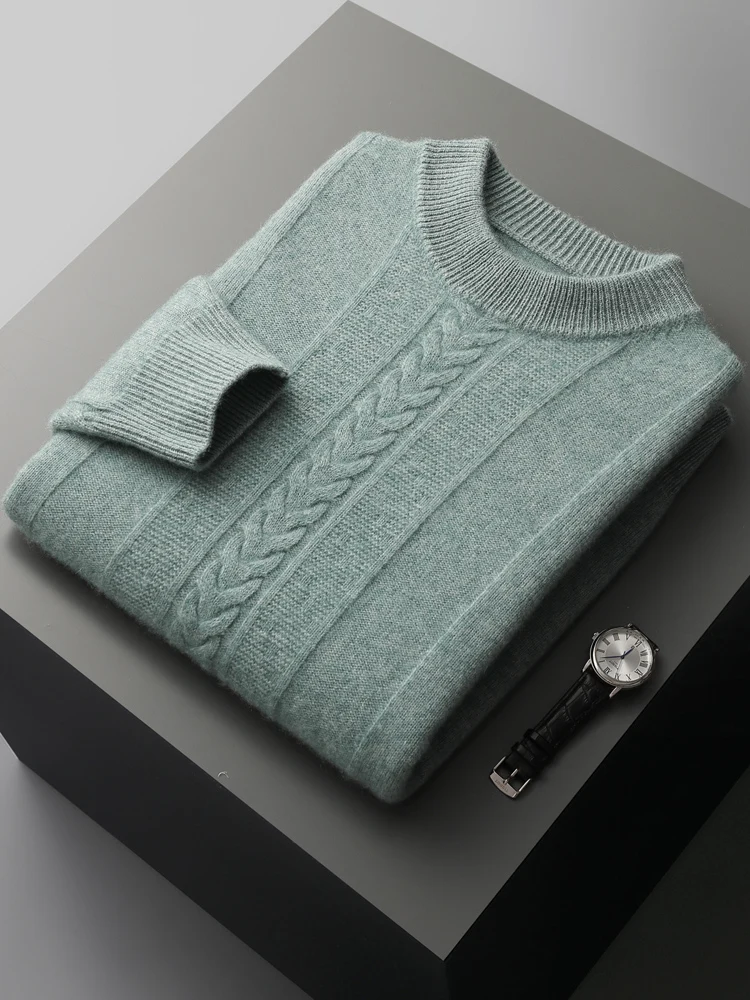 Men's 100% Cashmere Sweater Winter New Thicken Pullover Mock Neck Jacquard Solid Base Shirt Warm Plus Size Knit Jackets Tops