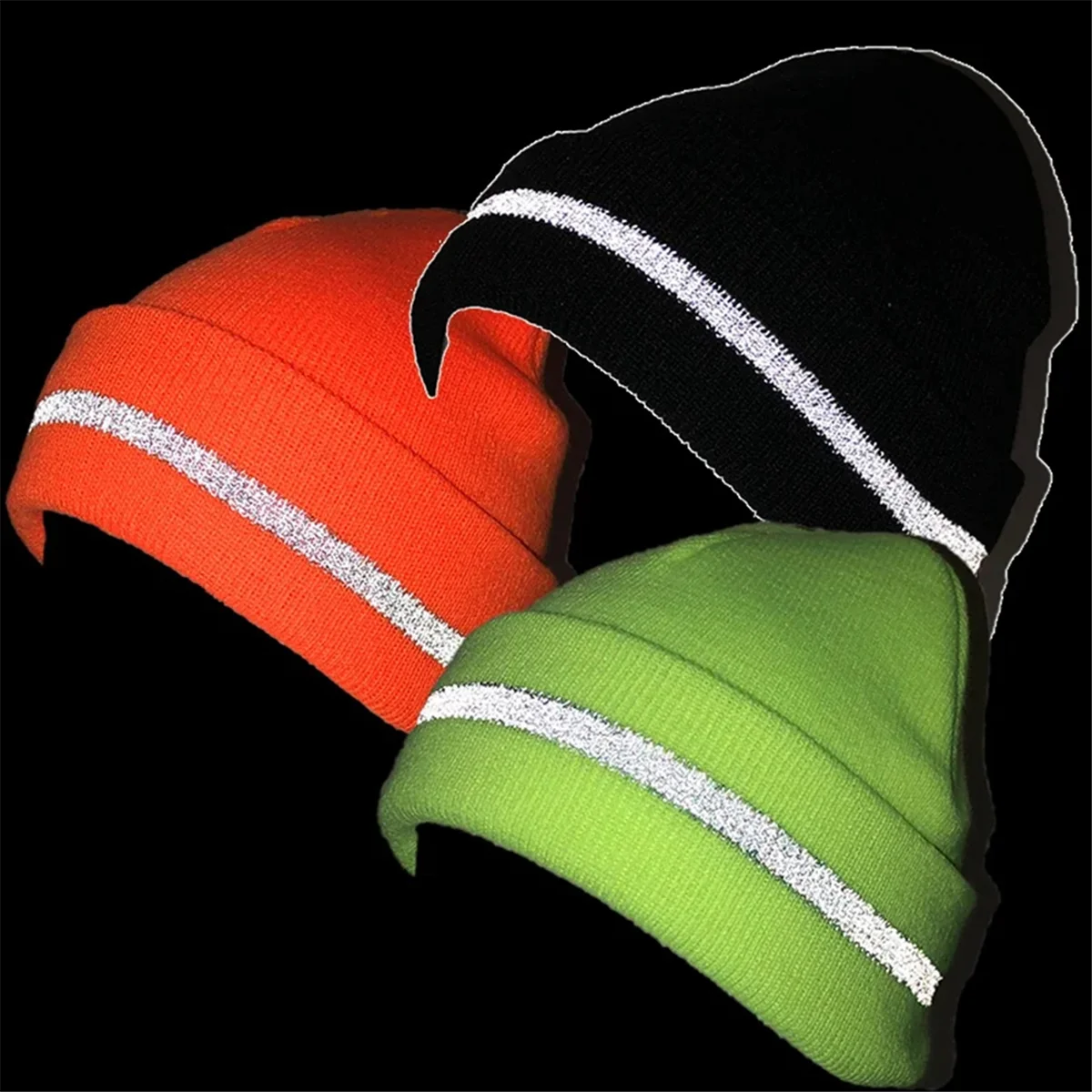 Unisex Reflective Stripe Knitted Hats Beanies Luminous Outdoor Cycling Ski Warm Caps Women Men,Fluorescent Yellow