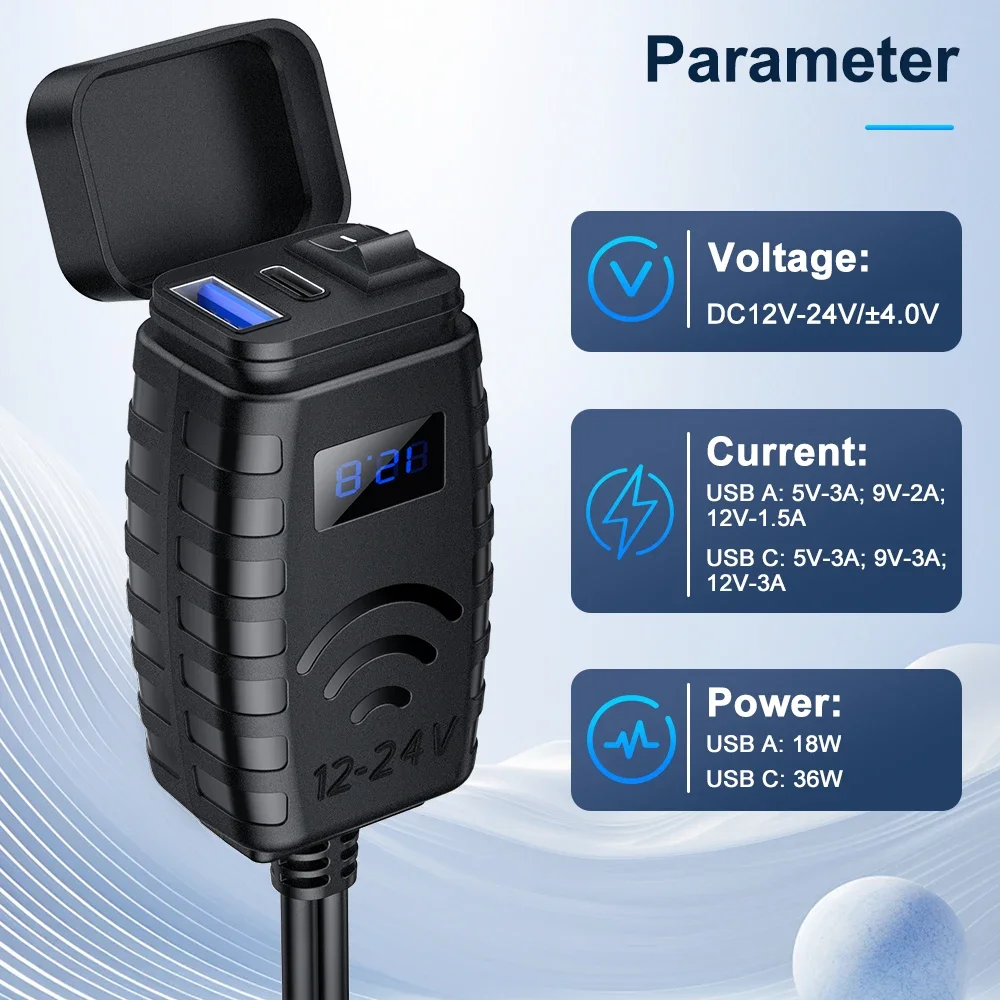 Extractme Motorcycle Dual Fast Charging USB A+C Charger  Waterproof Socket Connector with Digital Voltmeter Moto Accessories