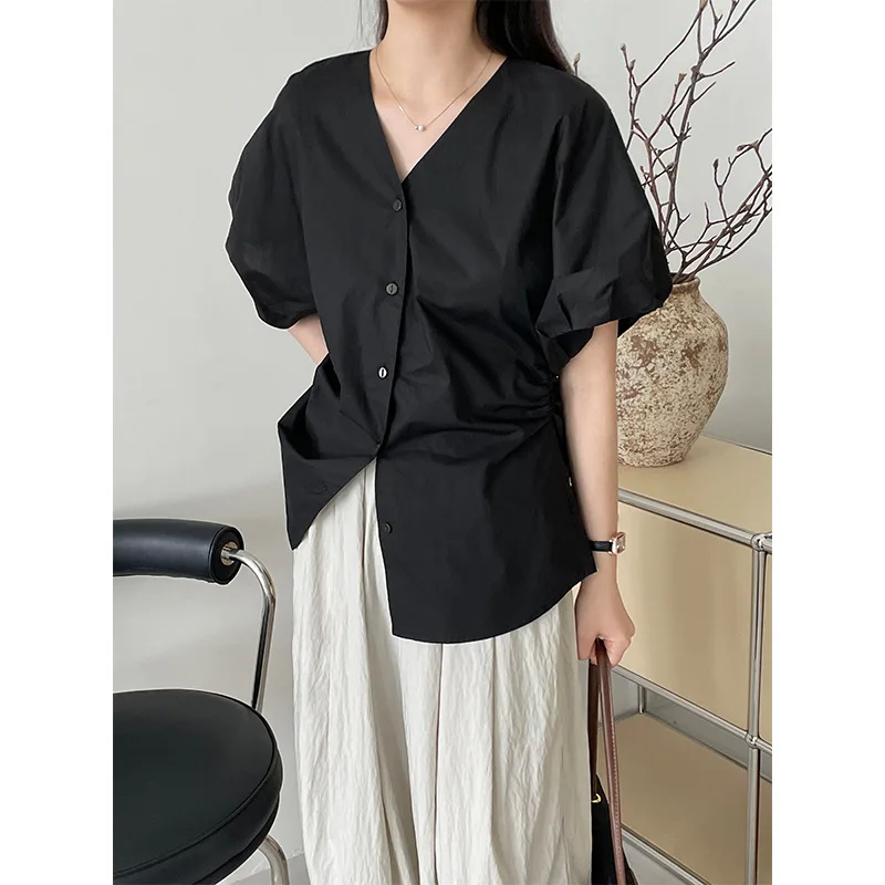 

【 A4 Waist Small Shirt 】 French Style Temperament Pinch Waist V-neck Bubble Sleeve Short Sleeved Shirt Chic Shirt for Women