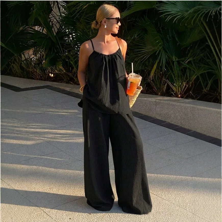 Ice Silk Wrinkled Solid Color Hanging Neck Backless Suspender Wide Leg Pants