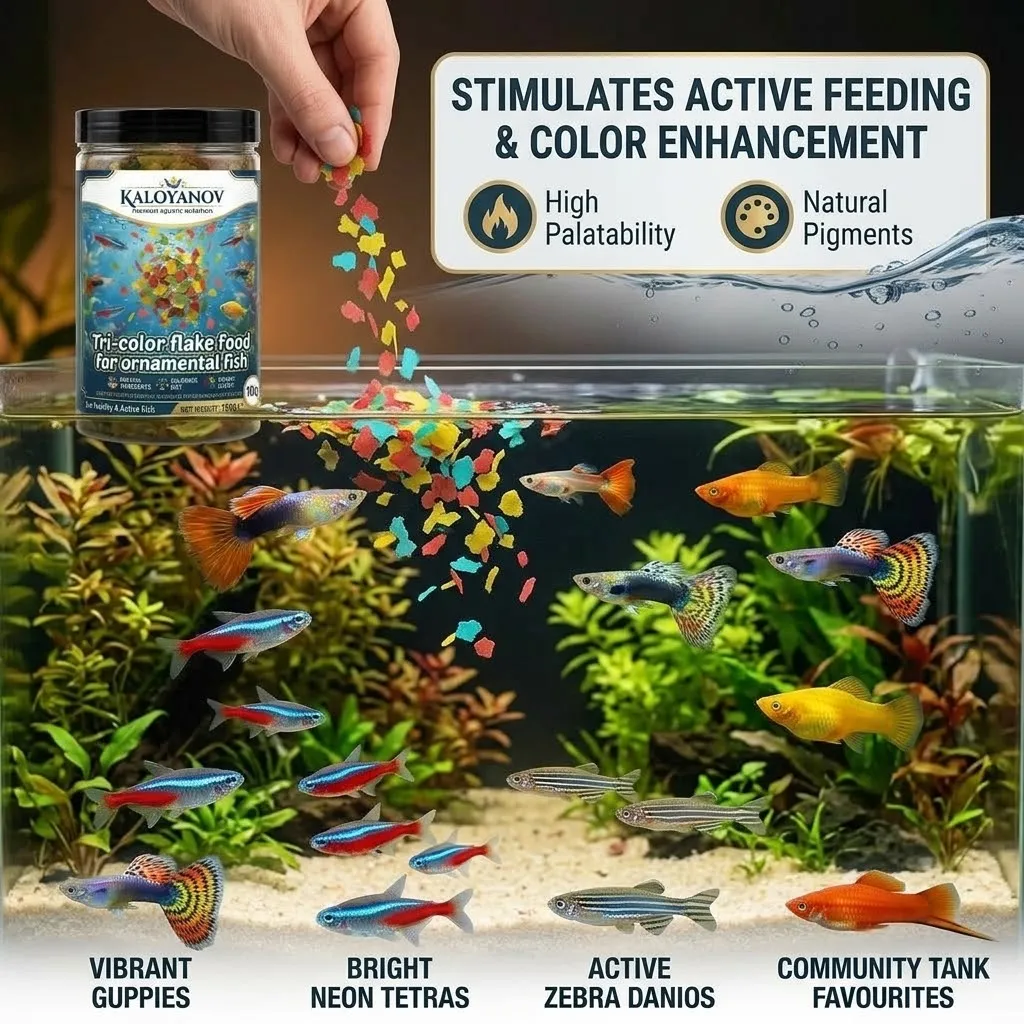Hochwertiges 3-Farben-Flockenfischfutter Nahrhafte Tagesnahrung für tropische Aquarien-Zierfische, Tetra, Goldfische, Guppys, Farbverstärker – Detail 3