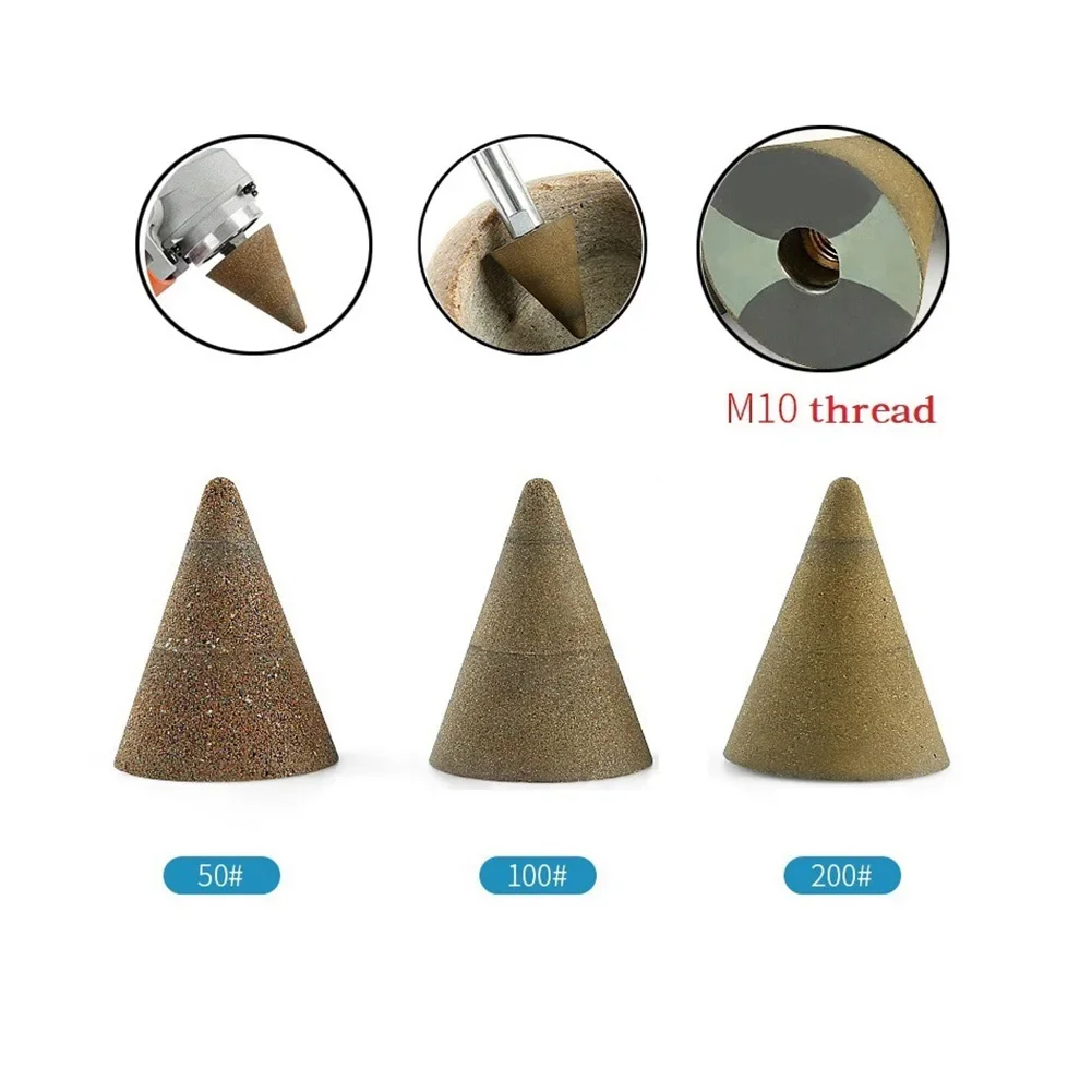 원추형 다이아몬드 그라인딩 휠 비트 M10 스레드 모따기 카운터 싱크 콘 카브 연마 세라믹 유리, 50 #100 #200 #
