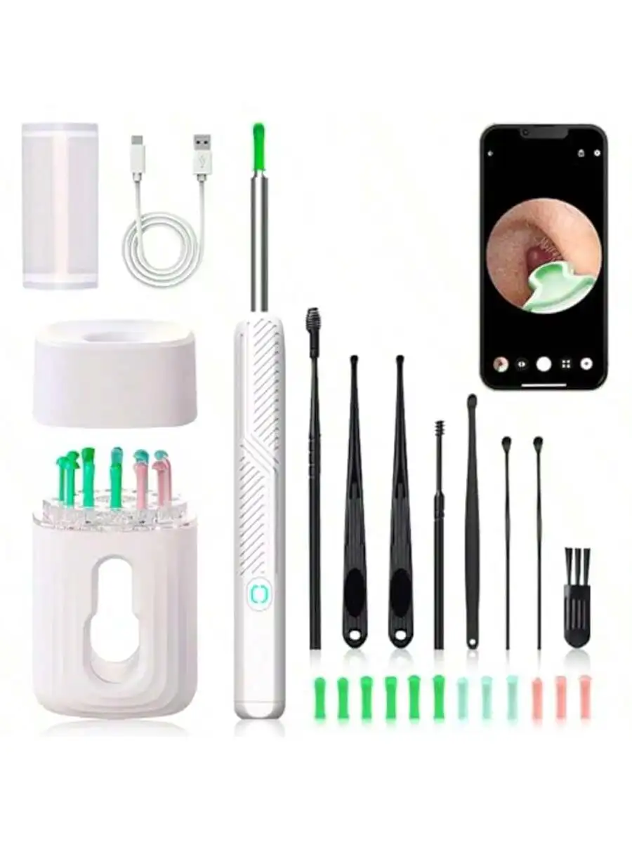 

Комплект беспроводного чистящего средства для ушей, перезаряжаемое средство для удаления ушной серы с 12 берушами и 8 сменными насадками для ушей