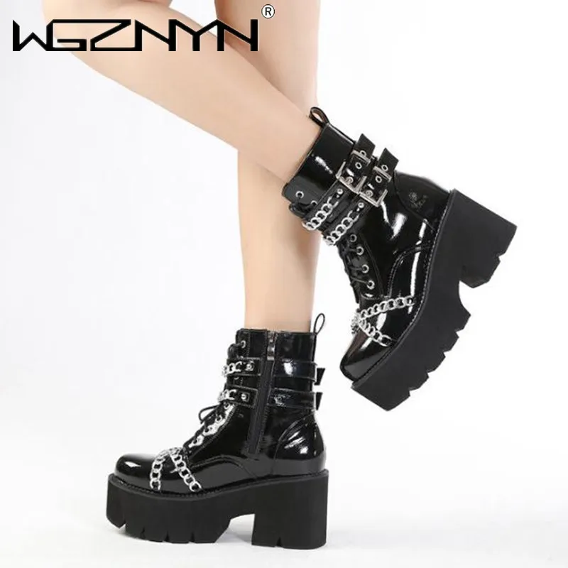 Fashion Women Shoes Boots Black Dark Cool Thick Bottom Platform Harajuku Shoes With Metal Chain Gothic Punk Girls Shoes Footwear