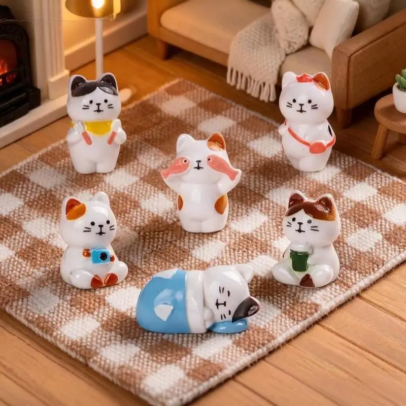 6pcs Cute Mini Cat Figurines Resin Craft Hand Painted Tiny Kitten Models For Fairy Garden DIY Micro Landscape Decor Accessory