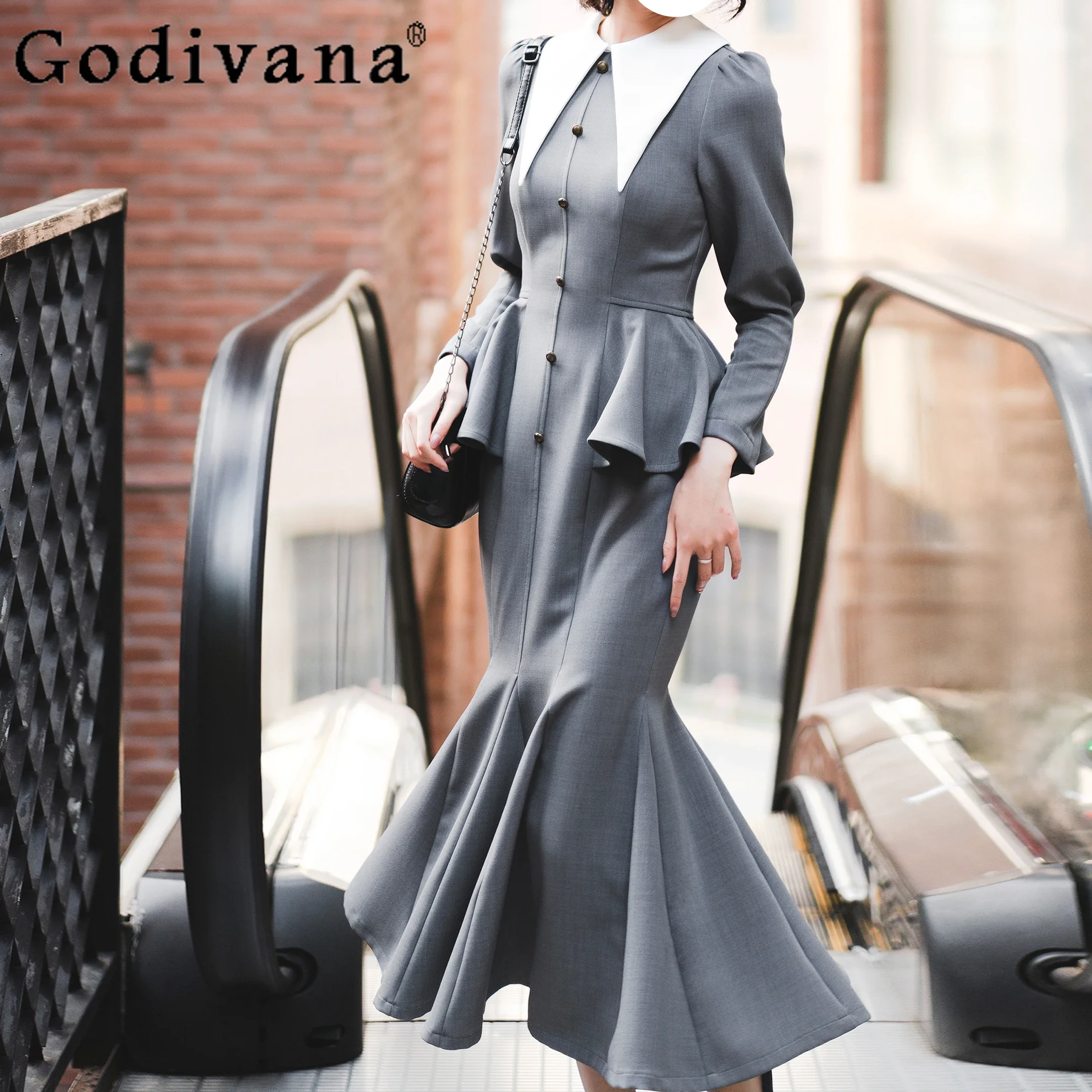 

Original Spring and Autumn Elegant Vintage Dresses Lady Slim Fit Turndown Collar Fishtail Dress Women's Long Dress 2025 New