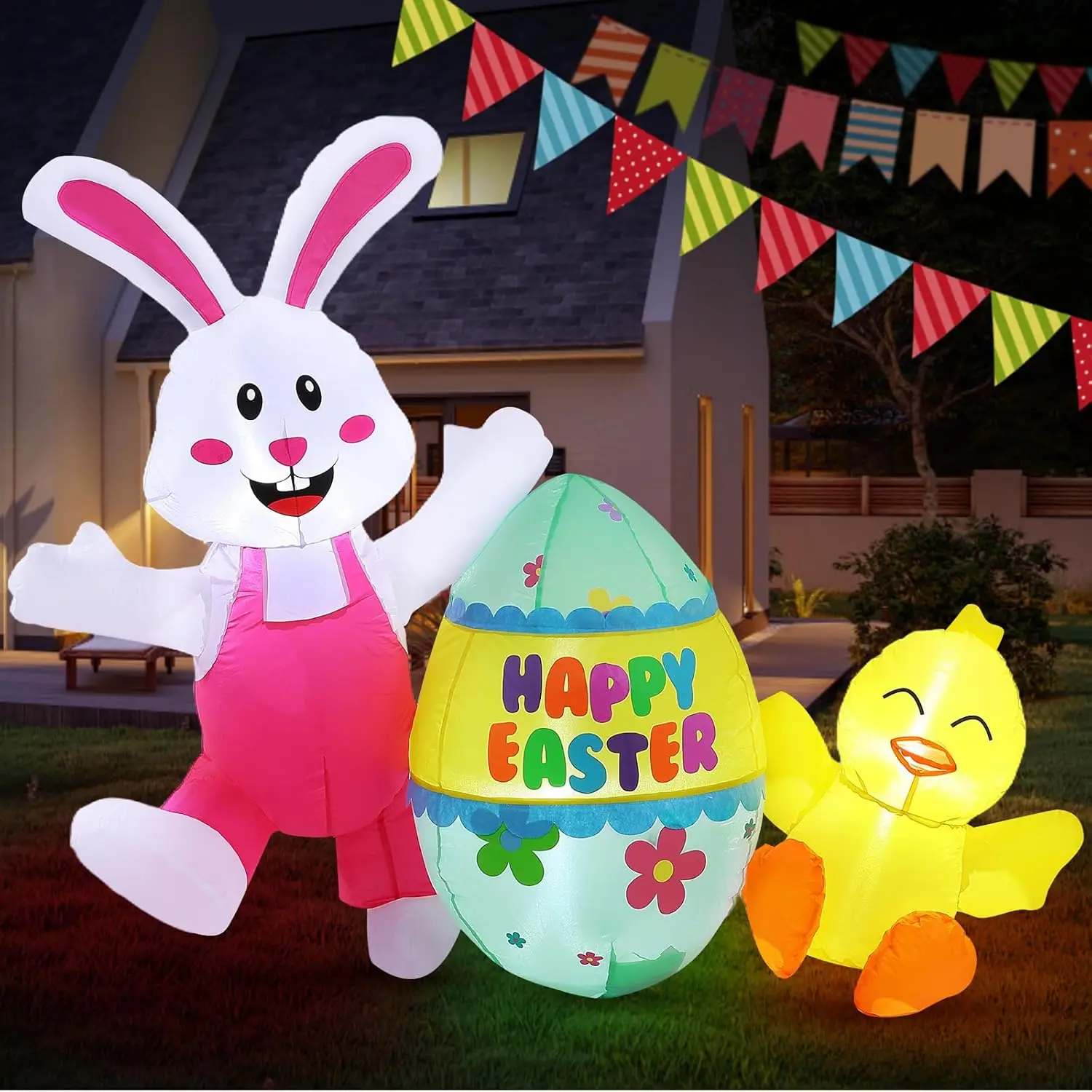 

Надувная пасхальная декорация 5 футов: кролик и цыпленок со светодиодной подсветкой для газона, сада и праздничных мероприятий
