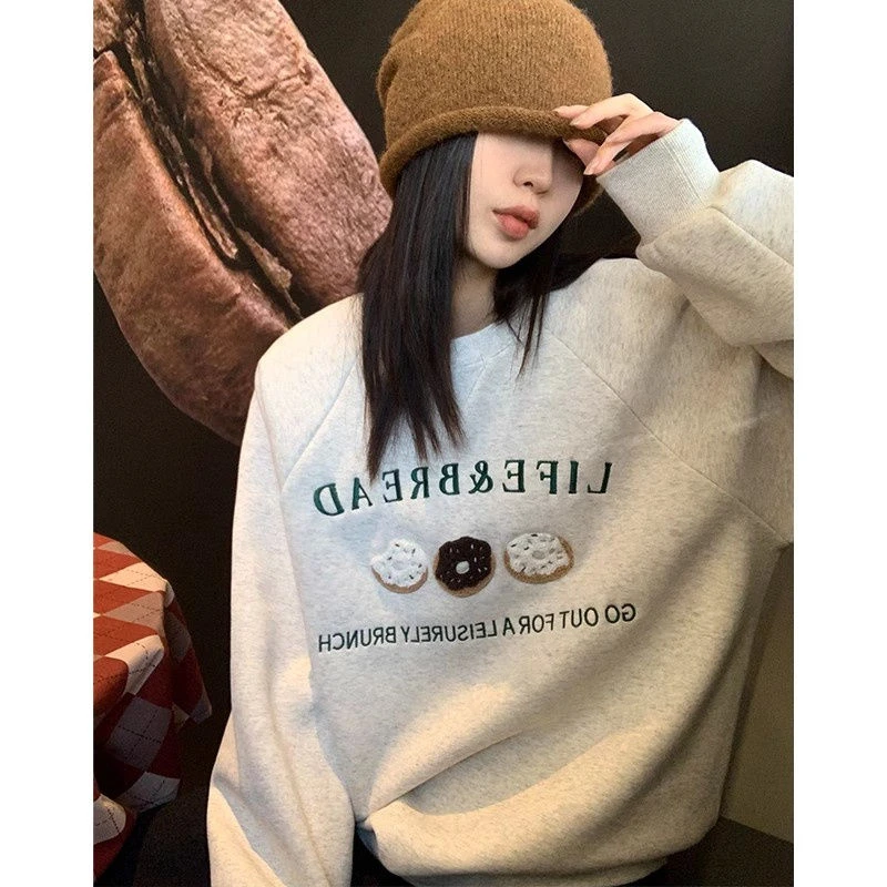 Womens Clothing Vintage Street Sweatshirt Y2K Letter Pattern Pullover Round Neck Long Sleeves Warm Oversize Baggy Ladies Tops