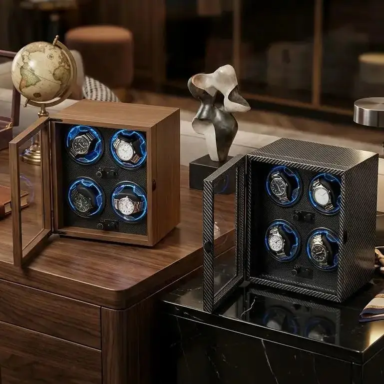 Carbon Fiber 4 Watch Winder Box Independent Control Blue LED Lighting Quiet Automatic Watch Rotator for Mechanical Watches