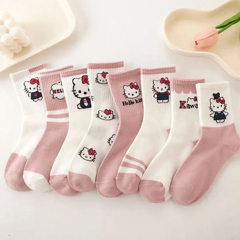 Cartoon Hello Kittys Sanrios Kuromi Socks Ins Girl's Heart Kawaii Warm and Versatile Four Seasons Medium Socks Gifts