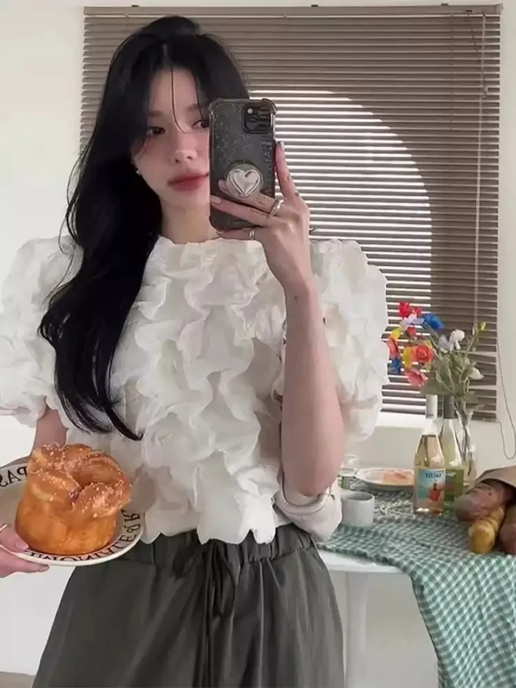 

Sweet Anti-Aging Design Women's Bubble Sleeve Shirt Summer New Style Short Length Pleated Texture 3D Effect Commute Style Inn...