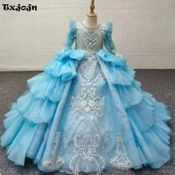 Txjojn New Luxury Embroidery Beads Pearls Dresses For Girls Birthday Party Glitter Sequined Lace Ball Gown Stage Performance