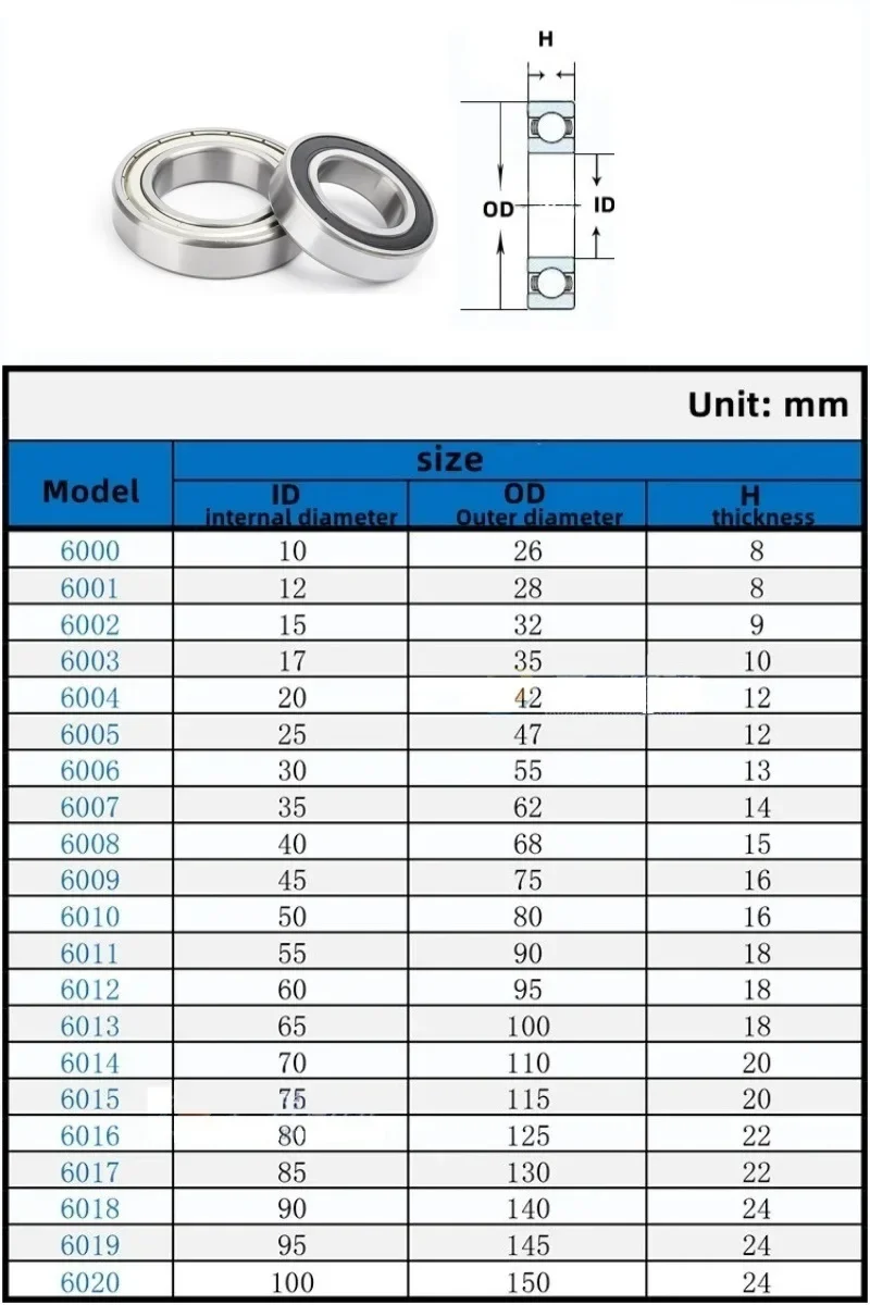 Bearings 6000ZZ/2RS 6001 6002 6003 6004 6005 6007 6008 6009 6010zz/2RS Deep Groove Ball Bearings for Car Bicycle Bearing