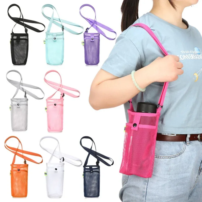 Bolsa con cubierta para botella de agua, bolsa con correa ajustable para el hombro, portador aislado de malla con soporte para senderismo, gimnasio y viajes, 1 ud.