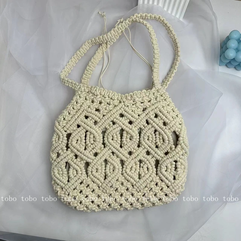 ZA New Hollow Out Holiday Woven Large Handbag Cotton Thread Shoulder Designer Bags Women\'s Off White Casual Beach Bag