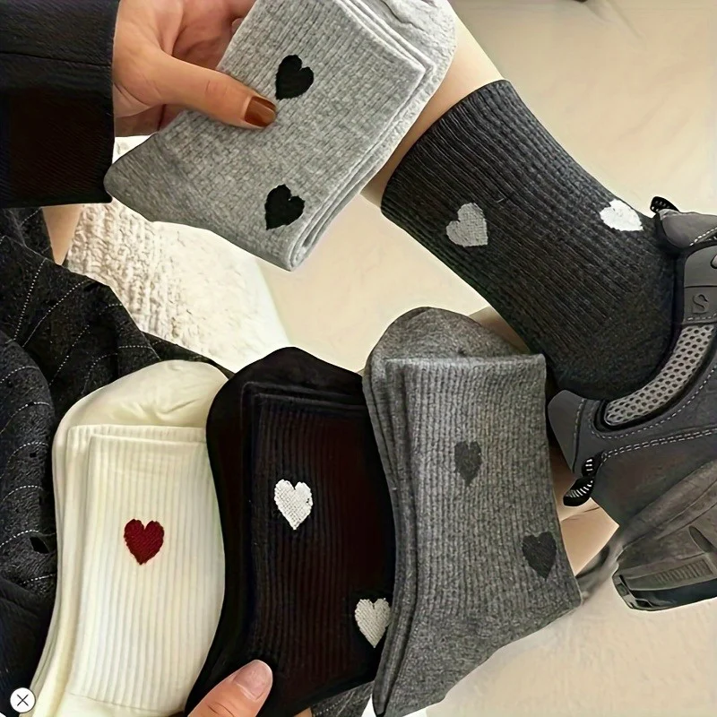 5 Pairs Women'S Socks,Heart Pattern, Fall Winter All-Season Long Socks,Couple Socks,Mid-Calf Socks,Comfortable Women'S Socks
