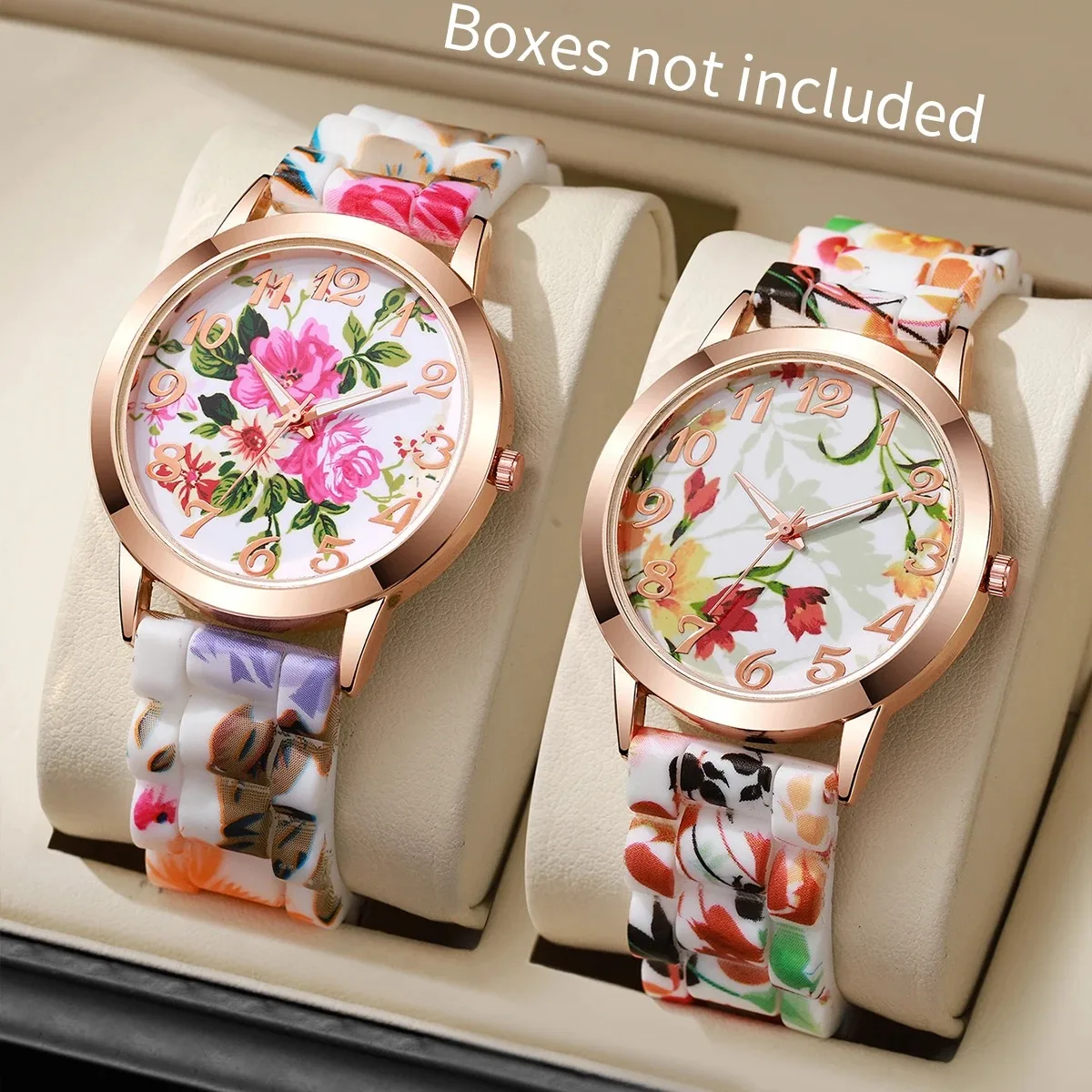 2 uds. Relojes de mujer con estampado de flores a la moda, reloj de cuarzo con banda de silicona informal, Reloj Mujer (sin caja)