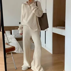 Autumn and Winter New Lapel Knitting Suit Women Loose Solid Sweater Wide-leg Pants Casual Two Piece Sets Womens Outifits