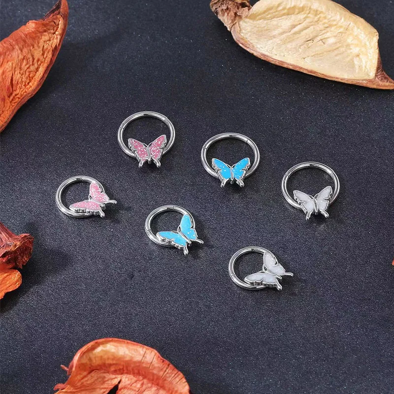 Glitter Butterfly Septum 16 Gauge Clicker Jewelry Fairycore Nose Hoop Group Glitter White Blue Butterfly Body Jewelry Collection