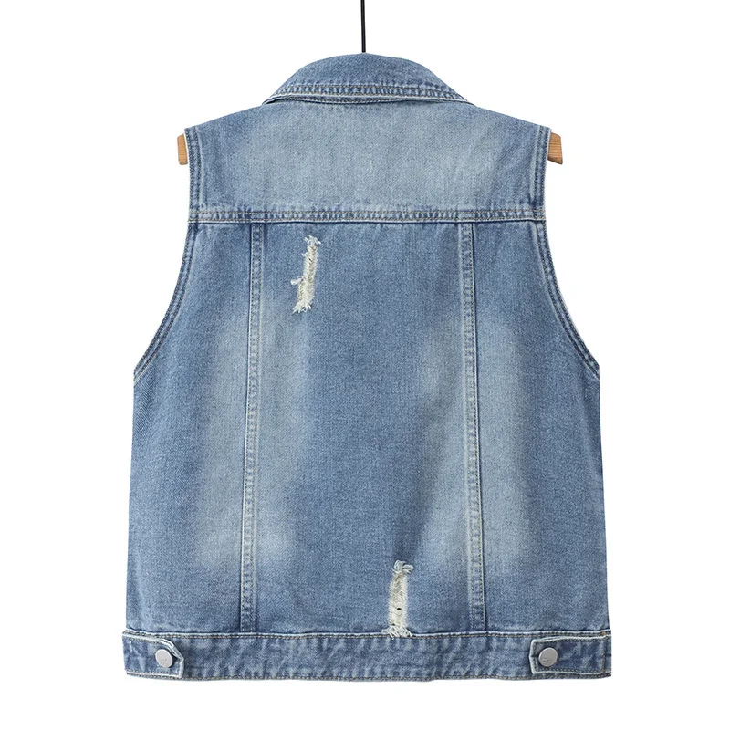 Single Breasted Women Denim Jacket Vest Short Outerwear Large size Sleeveless Slim Hole Jeans Jacket Waistcoats Casual Tops 3XL