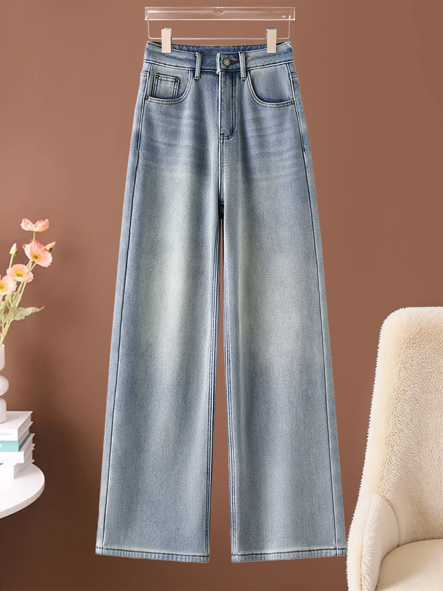 

Women's Fleece Lined Thickened Slim Wide Leg Jeans High Waist Straight Cut Comfortable Soft Cotton Polyester Blend Denim Pants