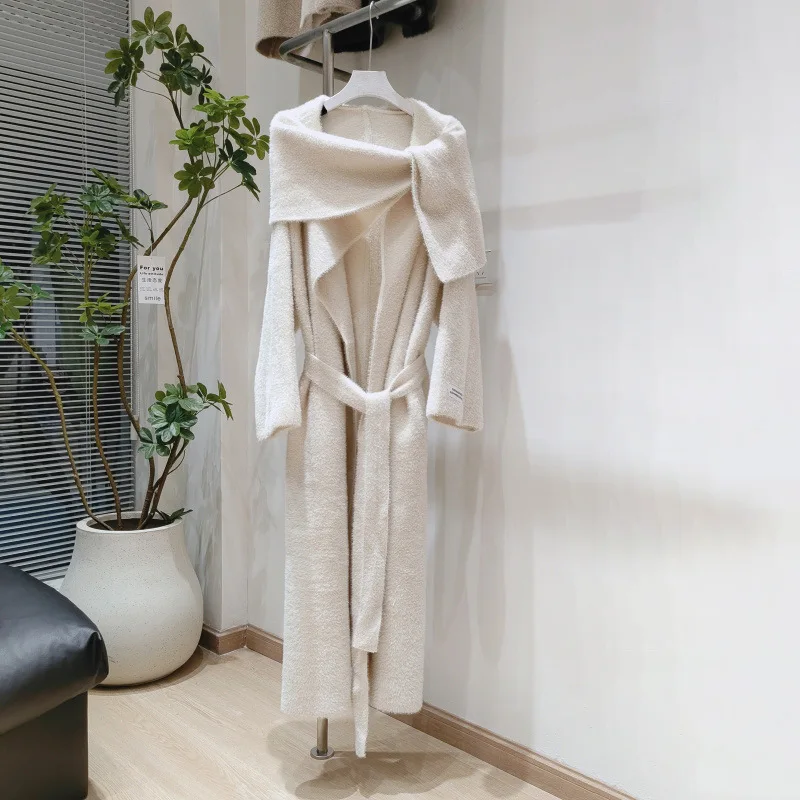 

SuperAen Autumn and Winter New Design Oversize Turn-down Collar Cardigan Sweater for Women Loose Waist Lace-up Knitted Long Coat