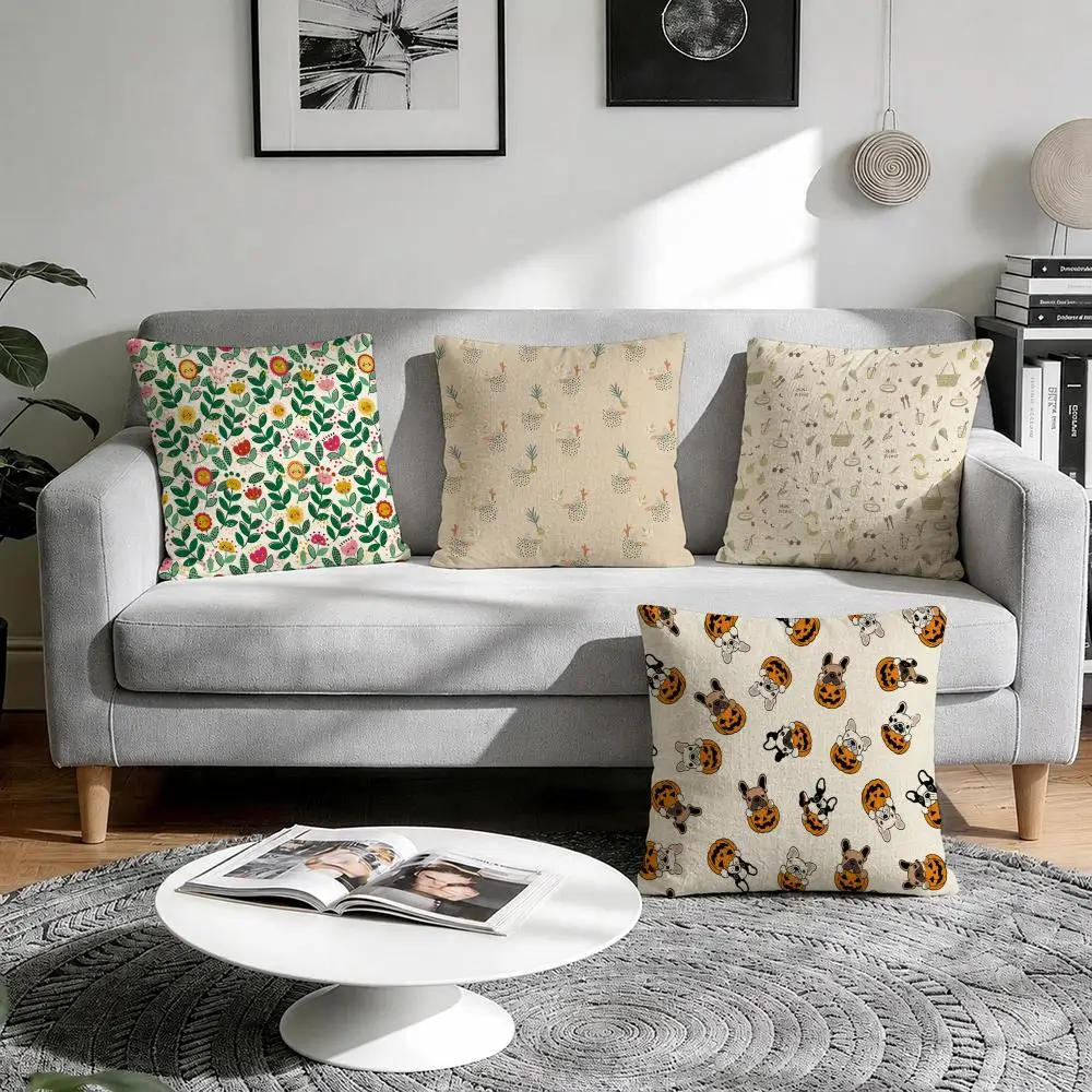 Boho Floral & Leaf Prints Cushion Cover Natural Breathable Durable Linen Printed Decor Pillow Case Sofa Bedroom