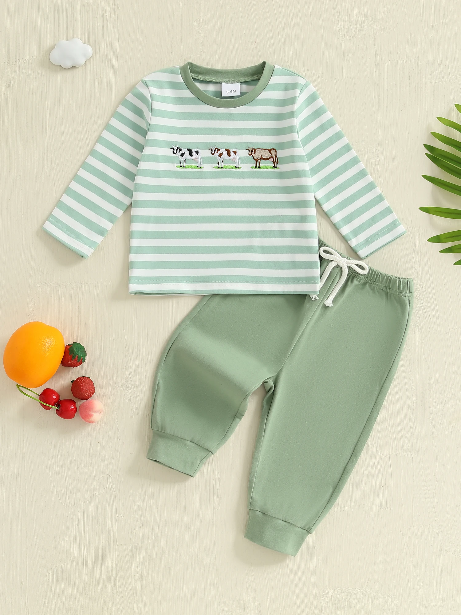 

Adorable Infant Autumn Ensemble with Cute Animal Embroidery and Matching Striped Crew Neck Sweatshirt and Pants Set for Toddlers