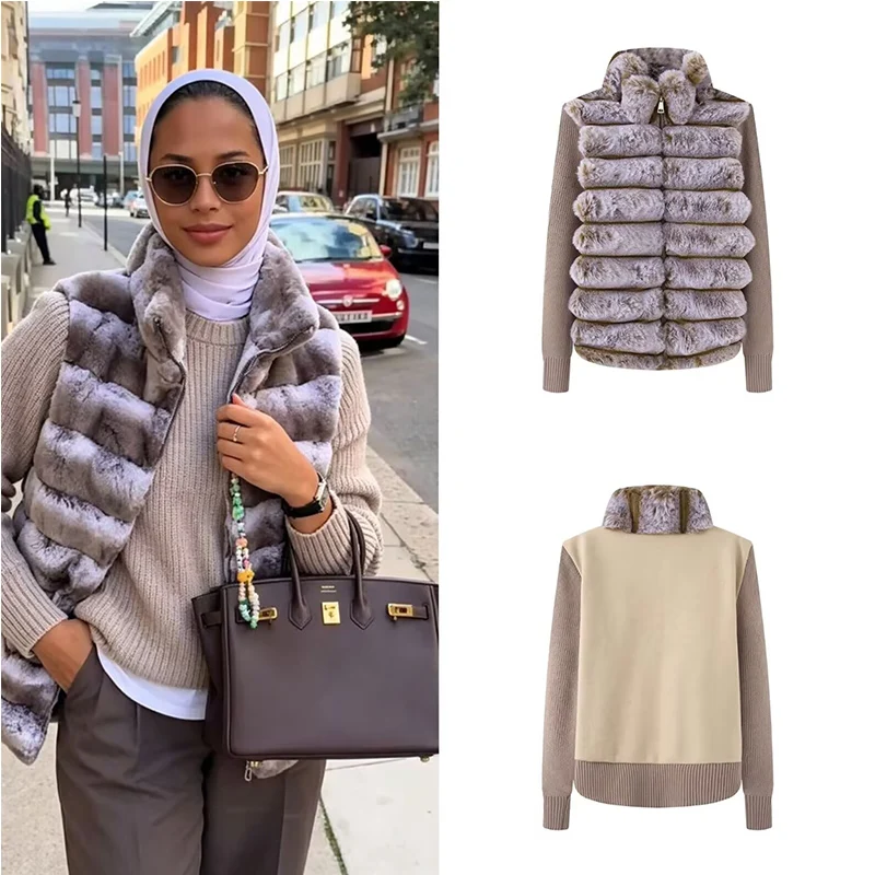 Women Faux Fur Coat Spliced Knitted Sleeves Stand Collar Thick Warm Jacket Luxury Striped Patchwork Winter Outerwear Top
